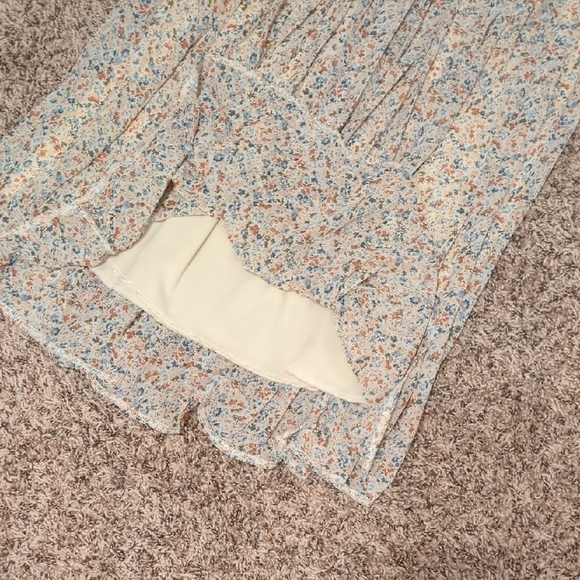 Manydress beige floral chiffon pleated elastic high waist a line midi skirt - Picture 9 of 14